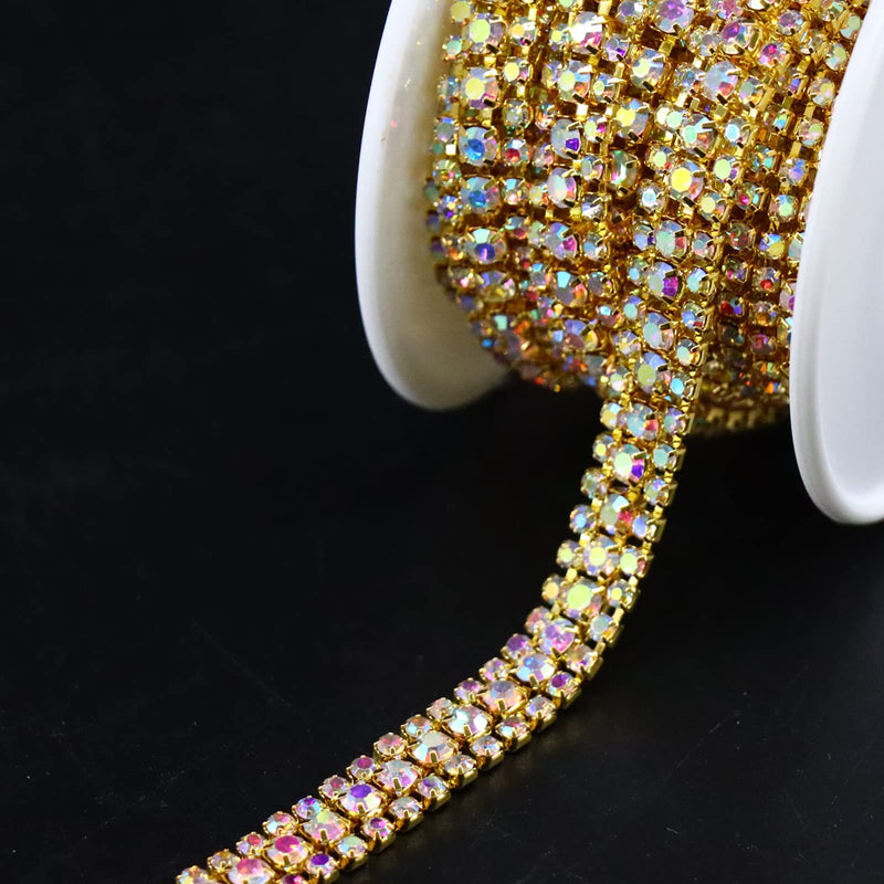 Jerler 3 Rows 2 Yards Rhinestone Trim Close Chain for Crafts Wedding and Clothing Decorations (AB-Gilded) AB-Gilded 3 Rows-2 Yards - NewNest Australia