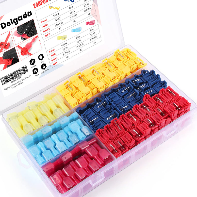 Delgada 240pcs Wire T-Tap Quick Splice Connectors,Electrical Male Quick Disconnect Spade Terminals Assortment kit with Storage Case,Waterproof Insulated Wire Connectors Kit - NewNest Australia