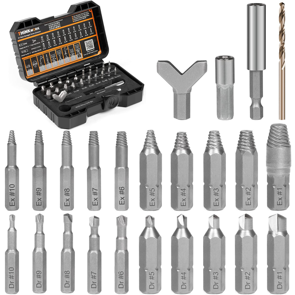 THINKWORK Damaged Screw Extractor Set, HSS 6542 (68 HRC), 24-Piece Easy Out Bolt Extractor Set, Stripped Screw Remover for Removing Damaged, Frozen, Rusted, Rounded-Off Bolts, Nuts & Screws - NewNest Australia