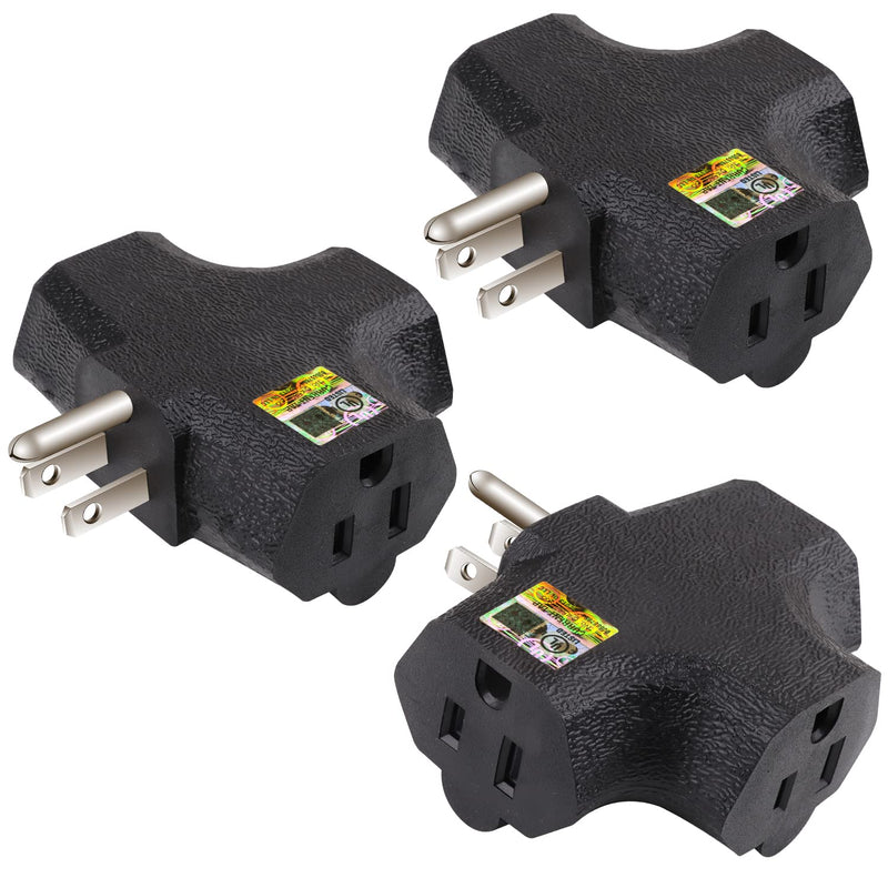 3-Outlet Grounding Adapter, Kasonic [UL Listed] Plug Extender, Heavy-Duty Grounded Power Tap - 3 Pack (Black) Black - NewNest Australia
