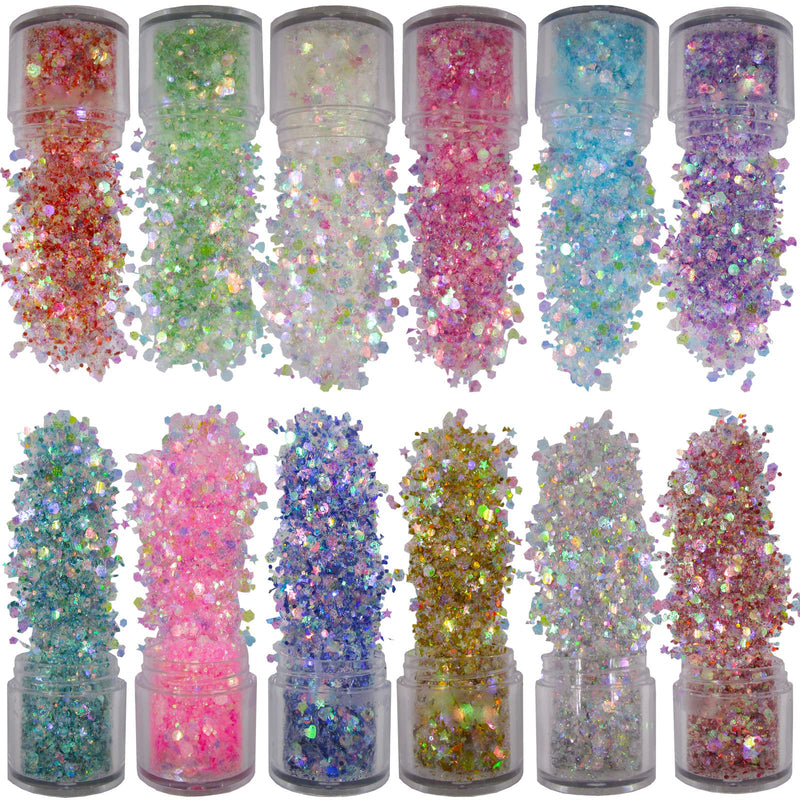 12 Bottle Opal Mermaid Chunky Glitter Iridescent Heart Star Hexagon Aurora Body Nails Glitters Resin Epoxy Accessories Crafts Supplies for Nails Art Tips Resin Mold Makeup Fairy Opal - NewNest Australia