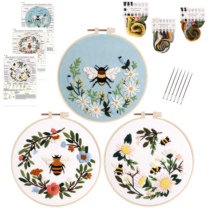 Lukinbox Embroidery Starter Kit for Beginners, 3 Sets Cross Stitch Kits for Adults, Include Embroidery Clothes with Cute Bees and Flowers Patterns Embroidery Hoops, Threads, Needles and Instruction - NewNest Australia