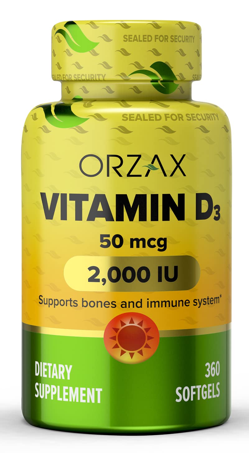 ORZAX Vitamin D3 2000 iu Softgels, 360 Days Supply, Supports Immune System & Bone Healths, Mood Booster D3 Vitamin, Gluten-Free, 50 mcg, 360 Mini Softgel - NewNest Australia