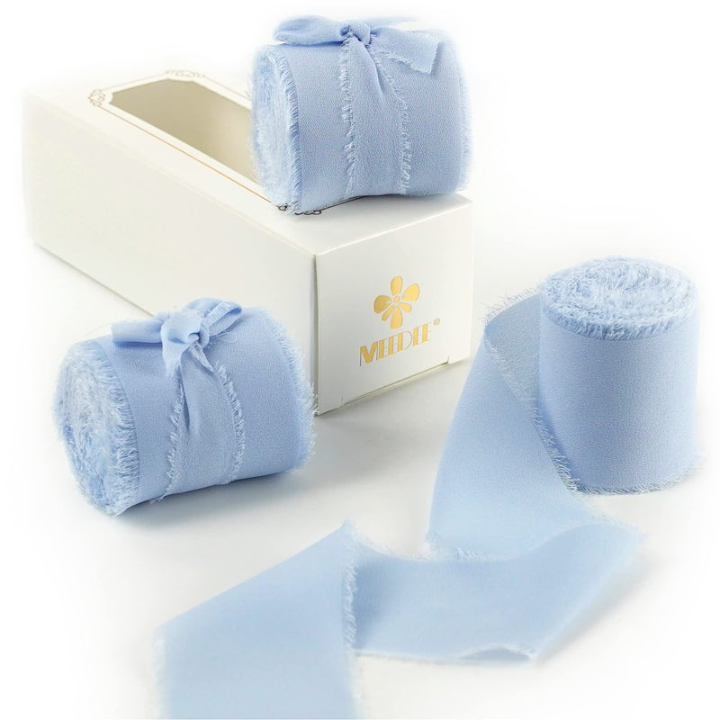 MEEDEE Chiffon Ribbon Handmade Fringe Silk Ribbon 2" x 7 Yards Baby Blue Chiffon Ribbon Perfect for Wedding Invitation, Bridal Bouquet, Gift Wrapping, Baby Shower Decor (3 Rolls 21 Yards) - NewNest Australia