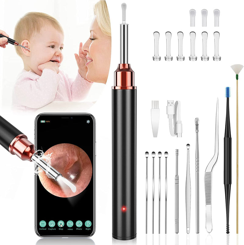 Ear Wax Removal - Earwax Remover Tool with 8 Pcs Ear Set - Ear Cleaner with Camera - Earwax Removal Kit with Light - Ear Camera with 6 Ear Spoon - Ear Cleaner for iOS & Android（Black） - NewNest Australia