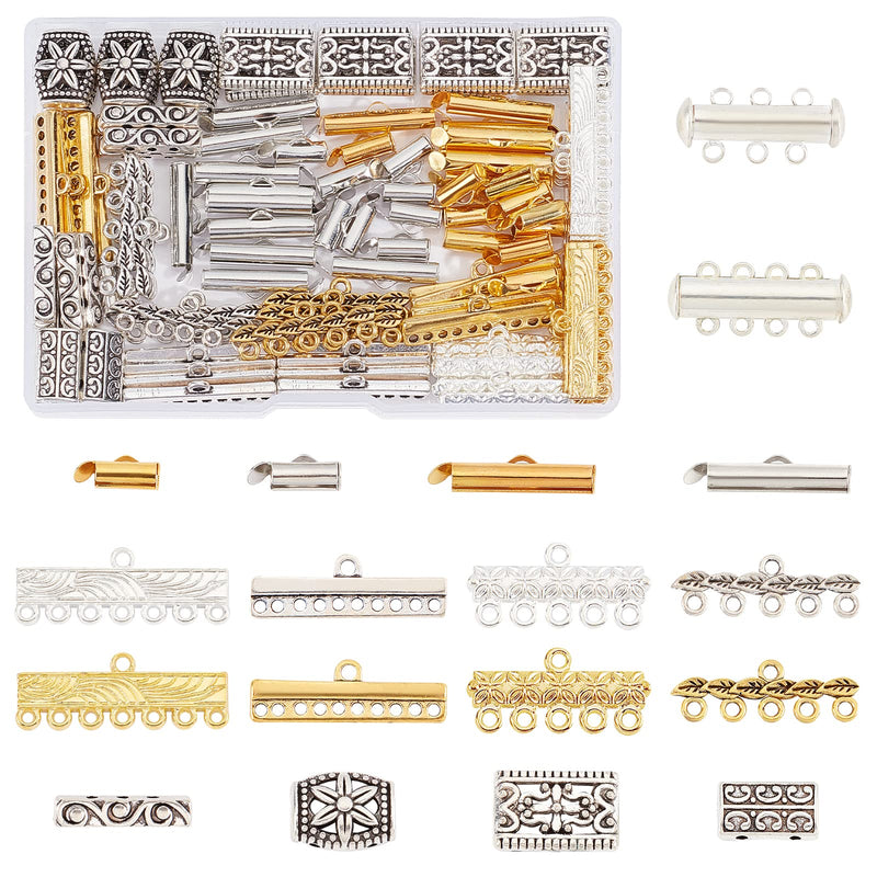 PH PandaHall 18 Styles Layering Clasp, 166pcs Slide Lock Clasps Multi Strand Necklace Slide On End Clasp Tubes Tibetan Charm Connector Links Jewelry Clasps for Layered Bracelet Necklace Crafts - NewNest Australia