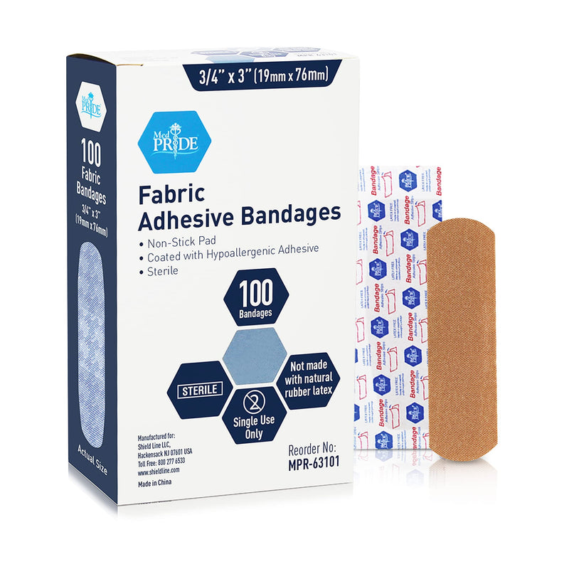 Medpride Sterile Fabric Adhesive Bandages [100 Count]- First Aid Bandages Coated with Hypoallergenic Adhesive & Non-Stick Pad- Latex-Rubber Free Wound Care Bandages- Individual Wrapped- 3/4'' x 3'' 3/4'' x 3'' - 100 Count - NewNest Australia