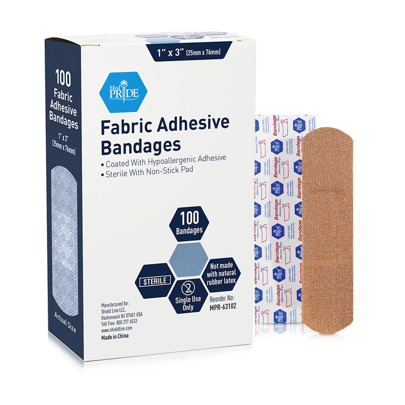Medpride Sterile Fabric Adhesive Bandages [100 Count]- First Aid Bandages Coated with Hypoallergenic Adhesive & Non-Stick Pad- Latex-Rubber Free Wound Care Bandages- Individual Wrapped- 1”x 3'' 1'' x 3'' - 100 Count - NewNest Australia