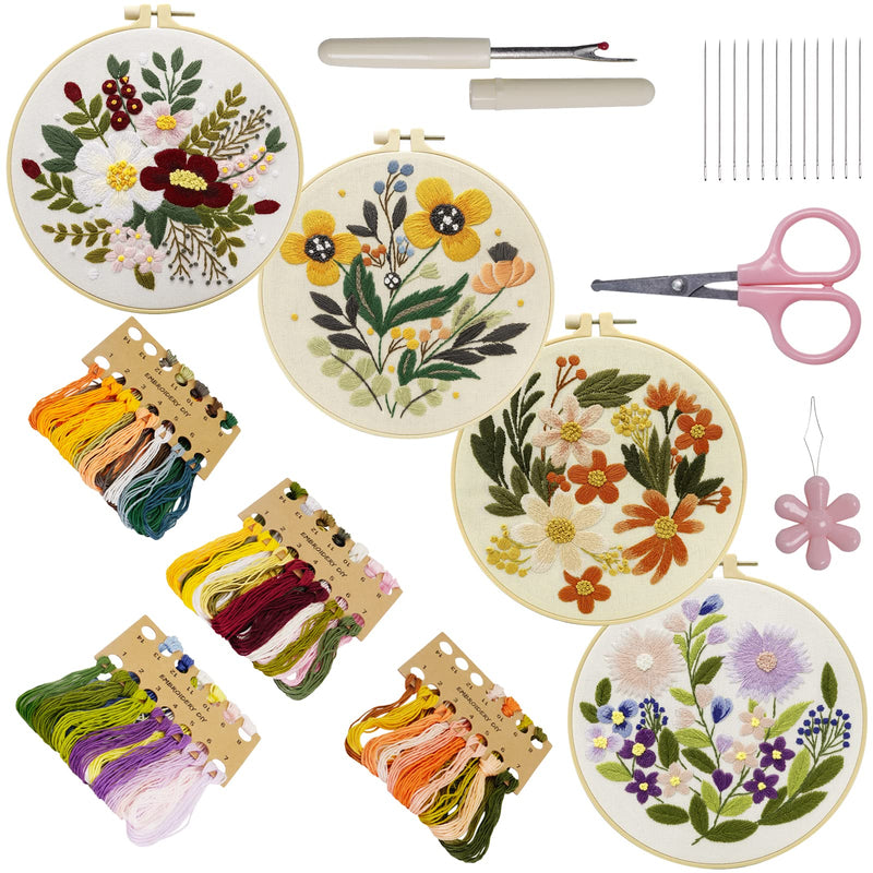 4 Sets Embroidery Kit for Beginners,Embroidery Kit for Art Craft Handy Sewing Include Embroidery Clothes with Pattern,Embroidery Hoops, Instructions,Color Threads Needle Kit Multi 1 - NewNest Australia