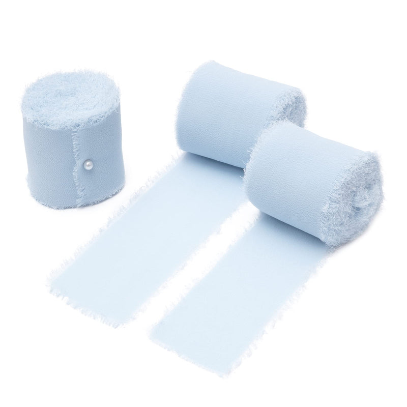 DORIS HOME 3 Rolls 2" x 7Yd Handmade Fringe Chiffon Silk Ribbon Baby Blue, Frayed Edges Ribbon for Wedding Invitations, Bridal Bouquets, Gifts Wrapping, DIY Crafts 3 Rolls Baby Blue - NewNest Australia