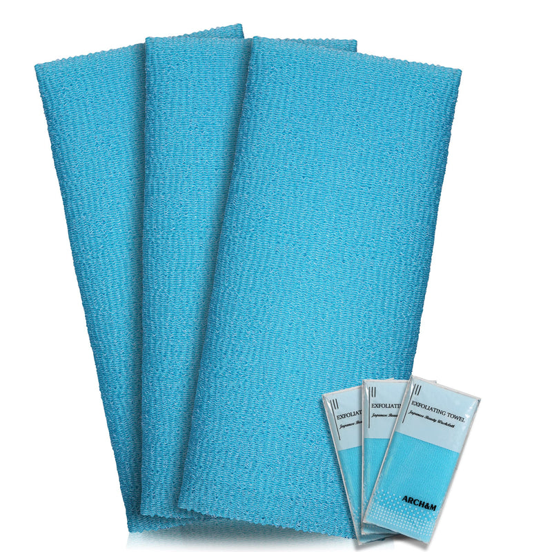 Exfoliating Washcloth Towel Japanese Washcloth Nylon Bath Wash Towel Korean Exfoliating Towel Beauty Washcloth Sponge Loofah Body Scrub Back Scrubber for Shower Cloth 3 Pack by ARCH&M (Blue x 3) Blue x 3 - NewNest Australia
