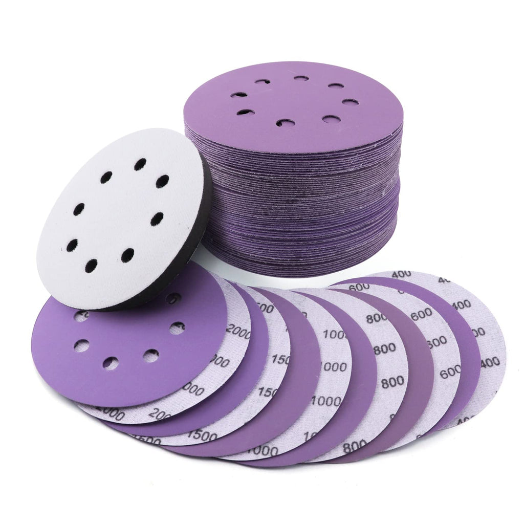 POLIWELL 60PCS 5 Inch Sanding Discs Hook and Loop 8 Hole Wet Dry, 400 600 800 1000 1500 2000 Grit Assorted Sandpaper with Interface pad, Purple Film Orbital Sander Sandpaper - NewNest Australia