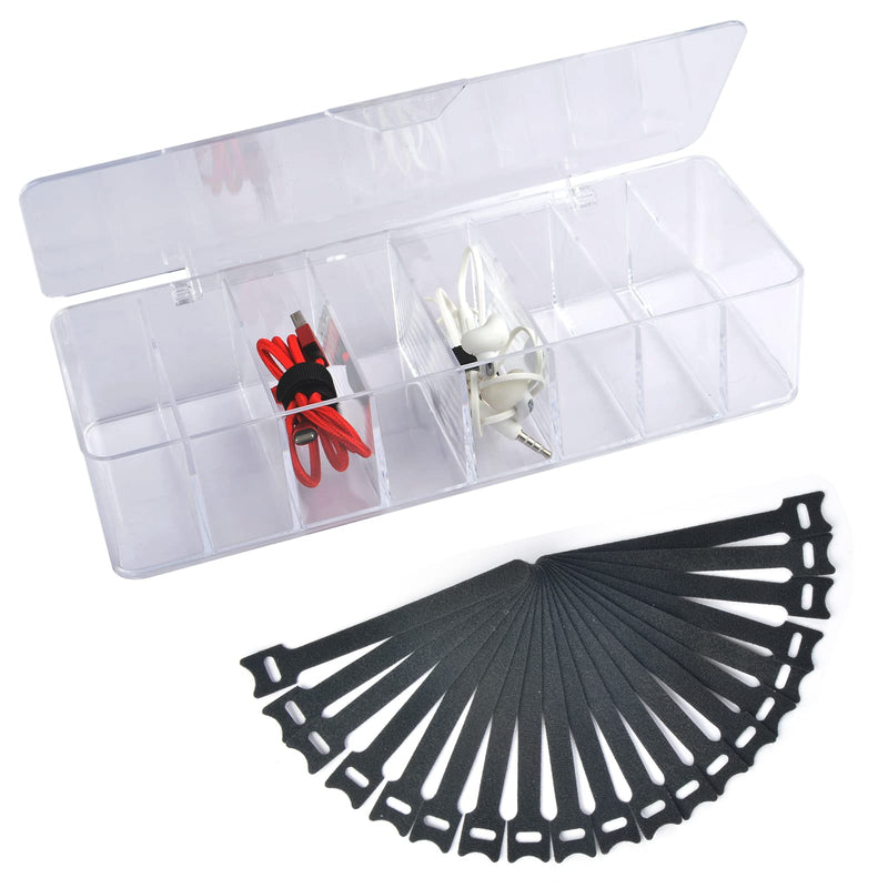 Acrylic Electronics Organizer-8 Sections Clear Cable Storage Bin Box,Cord Management Holder,Desk Storage Accessories with 20 PCS 6 Inch Reusable Fastening Fabric Cable Tie Straps Cord Wraps (With Lid) Box With Lid - NewNest Australia