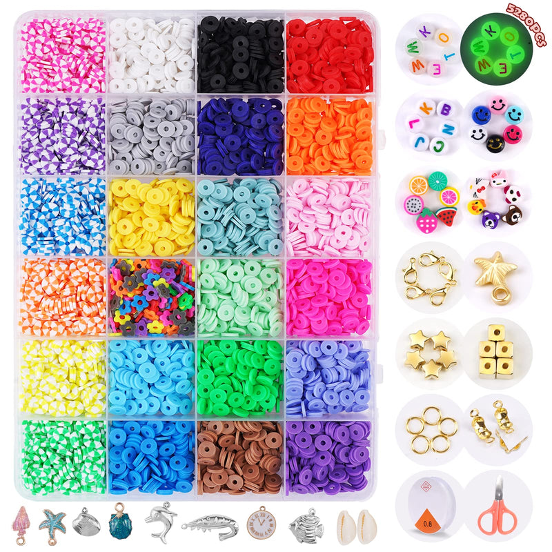 FZIIVQU Clay Heishi Beads Kit with Smiley Face Beads for Bracelets Making 5280+ Polymer Preppy Flat Clay Beads for Jewelry Making Set Lnclude UV Letter Beads & Fruit Animal Gold Star Spacer Beads etc - NewNest Australia
