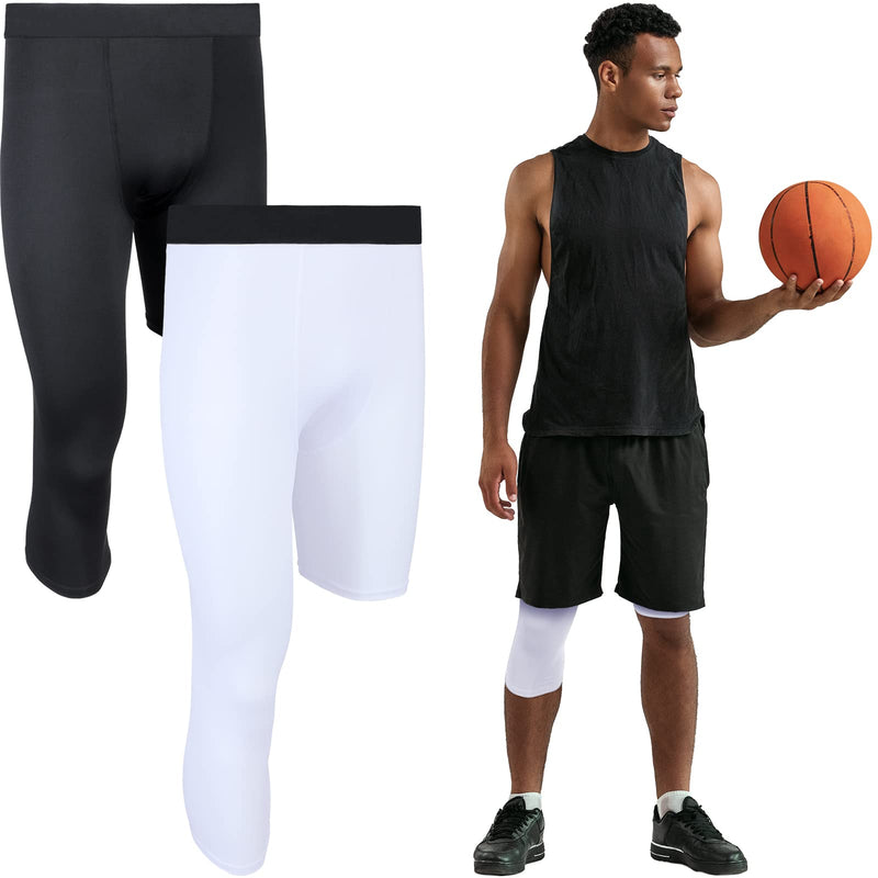 2 Packs One Leg Compression Tights for Basketball Capri Tights 3/4 Compression Pants Men White Black Large R Style - NewNest Australia