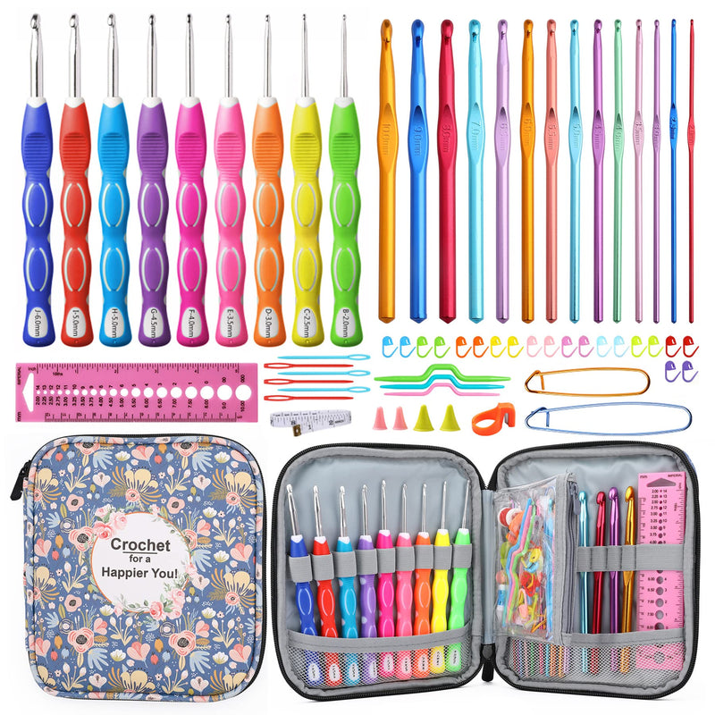 KOKNIT Professional Crocheter Kit, 9 Pcs Extra Longer Ergonomic Crochet Hooks 14 Pcs Aluminum Crochet Needles Various Accessories in Pretty Storage Case Blue Flower - NewNest Australia