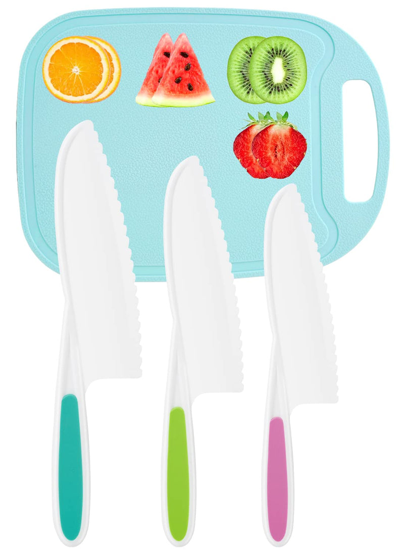 DIKAKO Kids Knife 3-Piece with Cutting Board - Toddler Knife Set Children's Cooking Nylon Knives - Serrated Edges and Firm Grip Suitable for Cutting Salad, Fruit, Cake, Lettuce (3 Sizes & Colors) - NewNest Australia