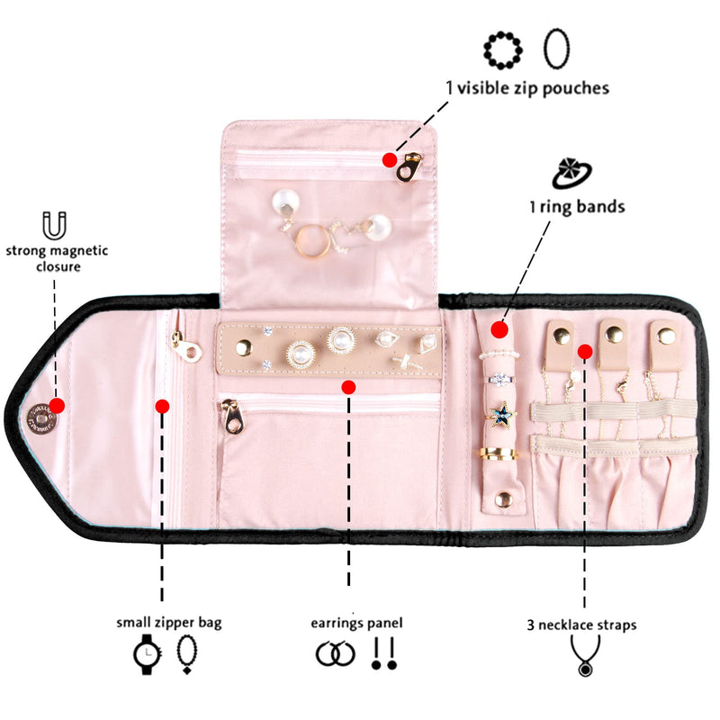 KUAK Travel Jewelry Organizer Roll Foldable Mini Jewelry Bag for Women Girls Gift, Jewelry Case for Rings, Necklaces, Earrings, Bracelets, Black Small - NewNest Australia