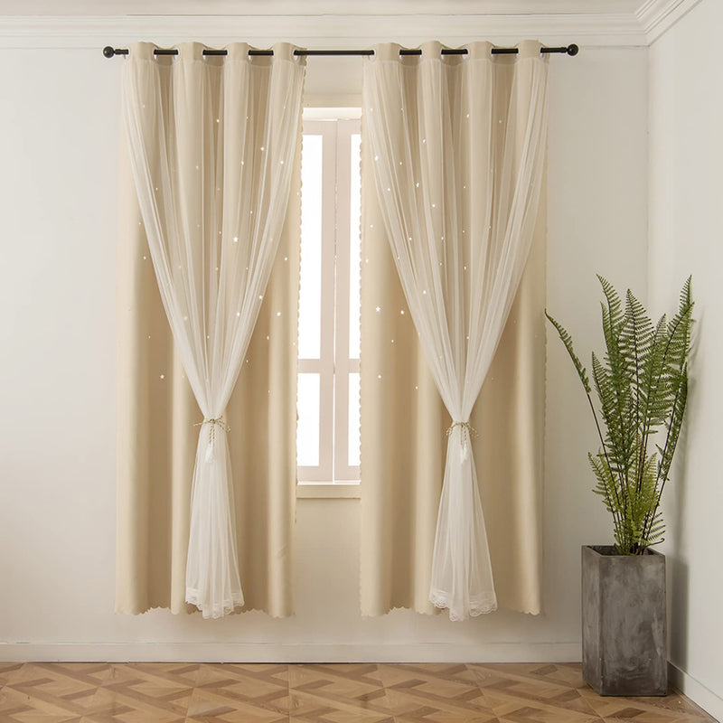 Star Curtains Blackout Curtains for Girls Bedroom Living Room Home Decoration Double Layer Star Cut Out Drapes and Curtains Darkening Window Curtain Grommets Top(1 Panel, W52 X L63, Beige) 1PC-52" W x 63" L 1 Panel ? Beige - NewNest Australia