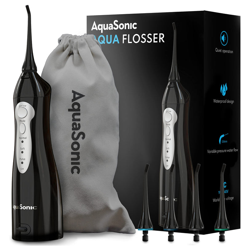 Aquasonic Aqua Flosser - Professional Rechargeable Water Flosser with 4 Tips - Oral Irrigator w/ 3 Modes - Portable & Cordless Flosser - Kids and Braces - Dentist Recommended Black - NewNest Australia