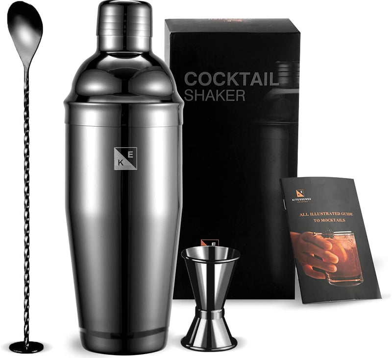KITESSENSU Cocktail Shaker Set, Stainless Steel Bartending Kit with 24 Ounce Cocktail Shaker with Built in Drink Strainer, Measuring Jigger, Mixing Spoon & Drink Recipe Guide - Professional Bar Tools Black - NewNest Australia