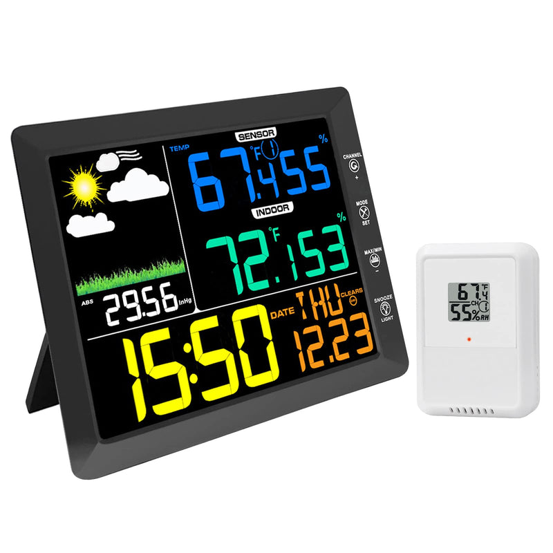 AIRAIN TECH Wireless Weather Station Clock, 10 Inch Home Indoor Weather Monitor with Barometer, Outdoor Temperature and Humidity Gauge, Black - NewNest Australia