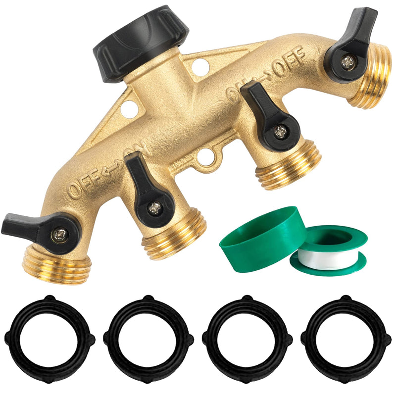 Hourleey Brass 4 Way Heavy Duty Garden Hose Splitter, Water Hose Splitter for 3/4" Hose Connector, Hose Faucet Splitter Hose Spigot Adapter 4 Valves with 4 Rubber Washers & Tape - NewNest Australia