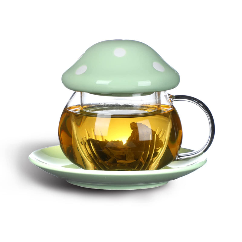Mushroom Cup Cute Glass Tea Cup with Infuser and Lid Kawaii Mushroom Mug Set Coffee Teapot with Ceramic Coasters 11oz (Green) Green - NewNest Australia