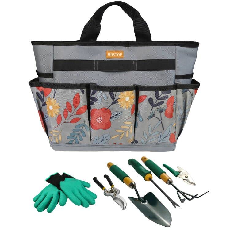 MDSTOP Garden Tool Bag, Garden Tool Kit Holder Home Organizer Storage Carrier, Oxford Garden Hand Tool Storage Tote Organizer with Handle and 8 Roomy Pockets, Floral Gardening Gift, Tools Not Included Grey - NewNest Australia