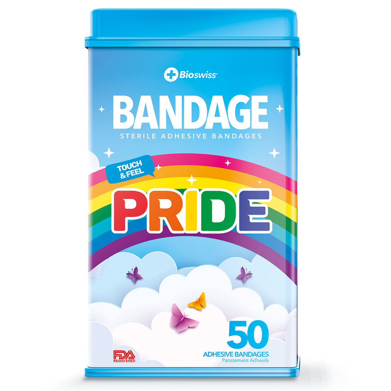 BioSwiss 50pcs Sterile Adhesive Unique Shaped Bandages | Adhesive Sterile LGBTQ+ Rainbow Pride Bandaids in Support of Gay Pride Protect Scrapes and Cuts | Wellness for Everyone | Reusable Tin (Pride) - NewNest Australia