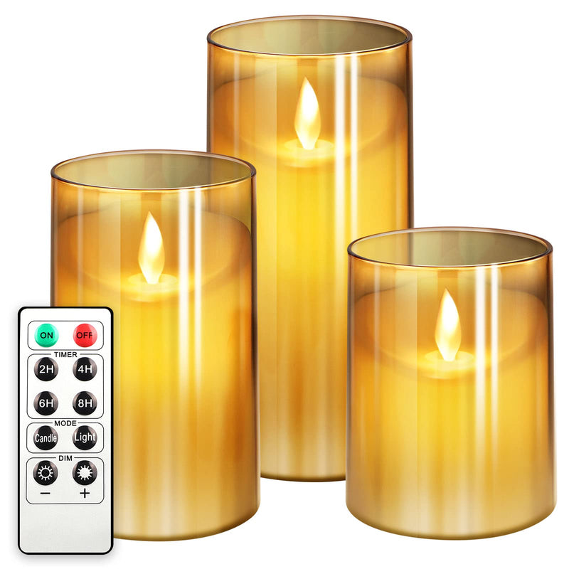 NURADA Flickering Flameless Candles: LED Pillar Candles with Imitation Glass - Acrylic Battery Candles with Remote and Timer, Pack of 3 (D:3"x H:4"5"6") & Gold… 3"x4''5''6" - NewNest Australia
