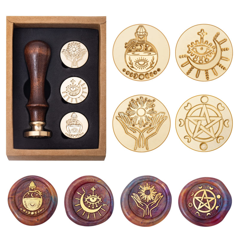 Wiccan Wax Seal Stamp Set, Pagan Pentagram Moon Phases Sealing Stamp Head, Vintage Evil Eye Triple Moon Pentacle and Sun Bottle Pattern Kit with Gift Box for Letter Envelope Witchcraft Invitation Card - NewNest Australia