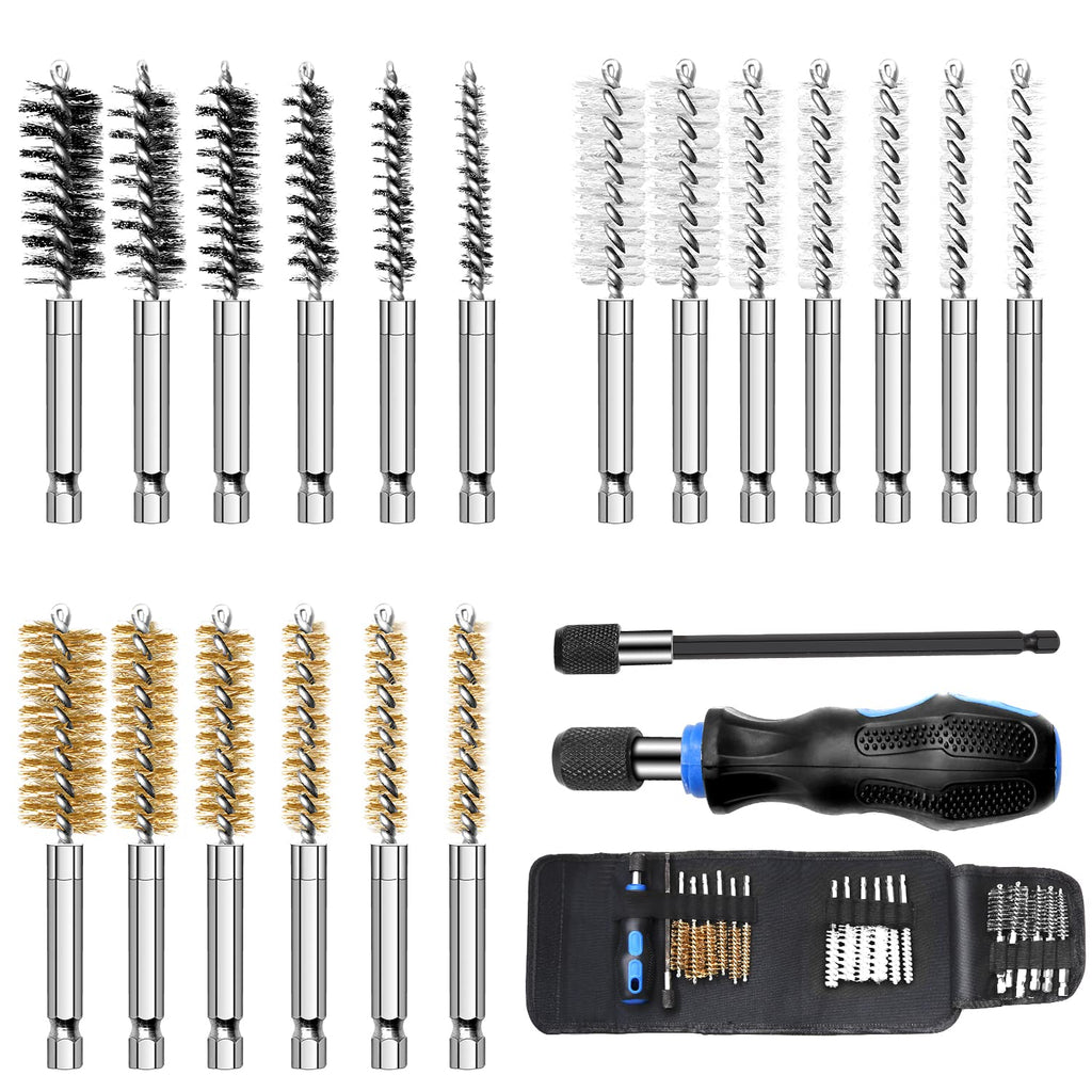 Auto Wire Brush 18-Pack Bore Brush Set Variety of Size Stainless Steel, Brass, Nylon Twisted for Cleaning Rust, 1/4in Hex Drill Shank for Power Drill Impact Driver with Handle, Extension Bar, Tool Bag - NewNest Australia