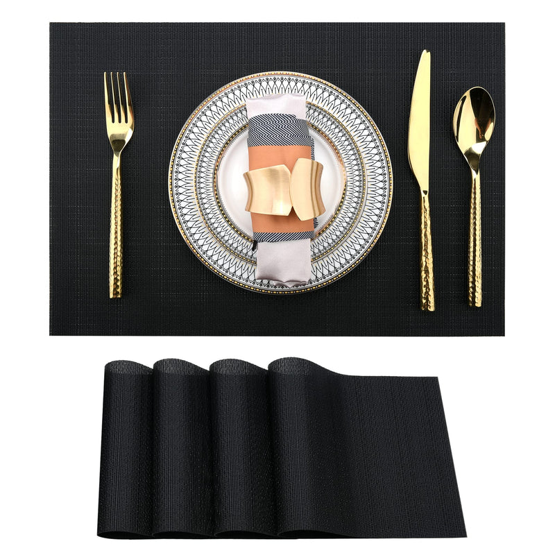 SLKQG Black Placemats Set of 4 - Easy Clean Washable Vinyl Placemats - Wipeable Heat Proof Non-Slip Table Mats for Dining Table - 17x12 Inch (Black, 4) - NewNest Australia