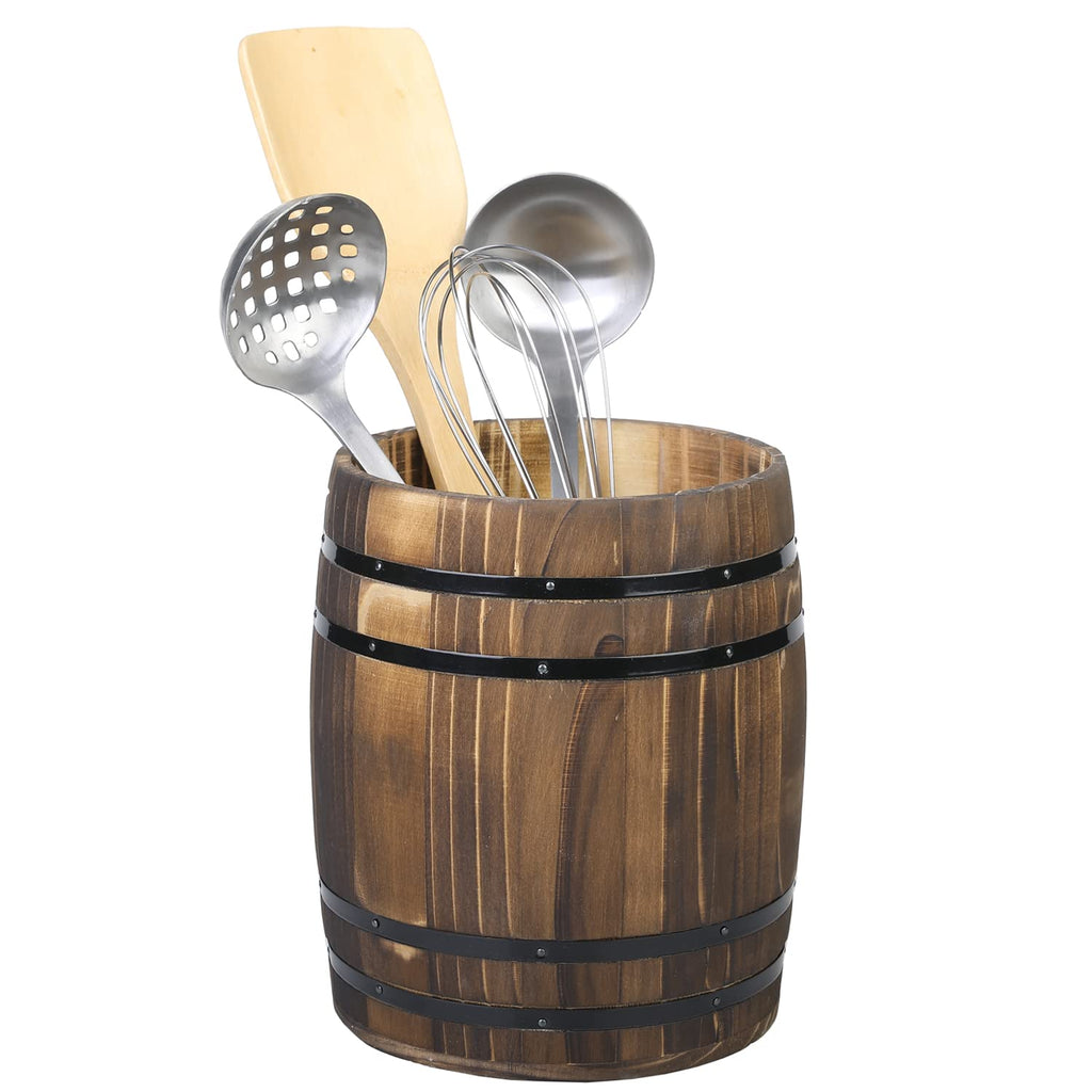 MyGift Wine Barrel Design Kitchen Utensil Crock, Vintage Rustic Burnt Wood Cooking Tool Holder - NewNest Australia