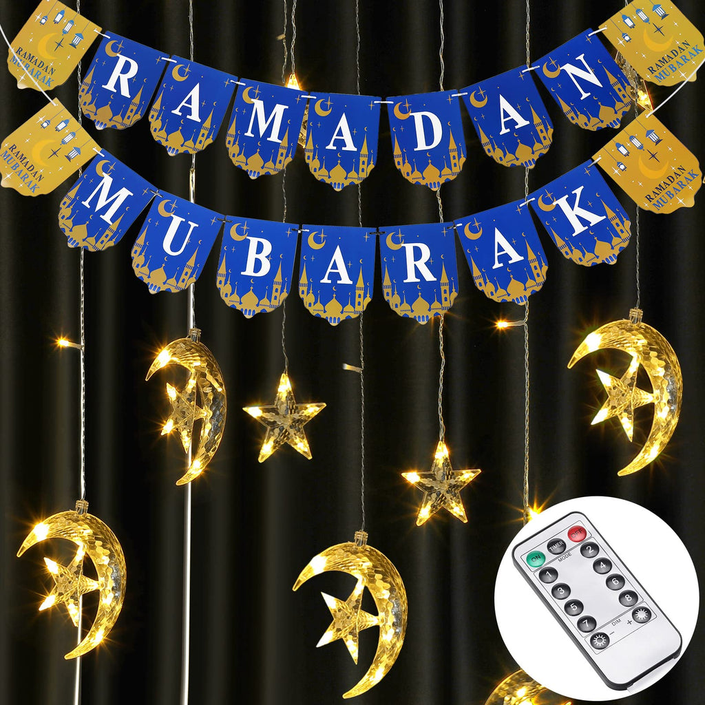 Ramadan Decoration for Home,Ramadan Star Moon Curtain String Lights 138 LED and Ramadan Mubarak Banner, USB Powered Lights with Remote 8 Modes, Ramadan Bunting Banner for Ramadan Kareem Decorations - NewNest Australia