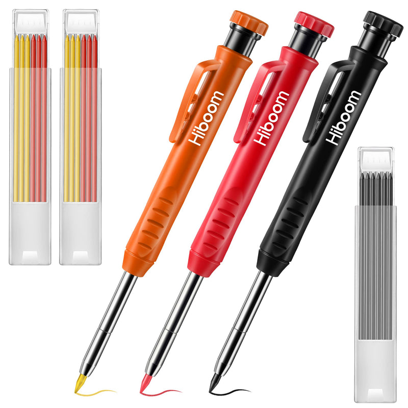 Hiboom 3 Pieces Solid Carpenter Pencil with 21 Refill Red Yellow Gray, Long Nosed Deep Hole Mechanical Pencil Marker Marking Tool with Built in Sharpener for Carpenter (Orange, Red, Black Cover) - NewNest Australia