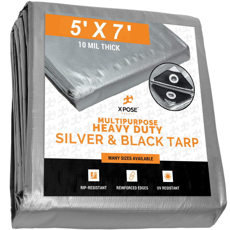 Heavy Duty Poly Tarp - 10 Mil Thick Waterproof, UV Blocking Protective Cover - Reversible Silver and Black - Laminated Coating - Rustproof Grommets - by Xpose Safety (5 Feet x 7 Feet, Silver/Black) 5 Feet x 7 Feet - NewNest Australia