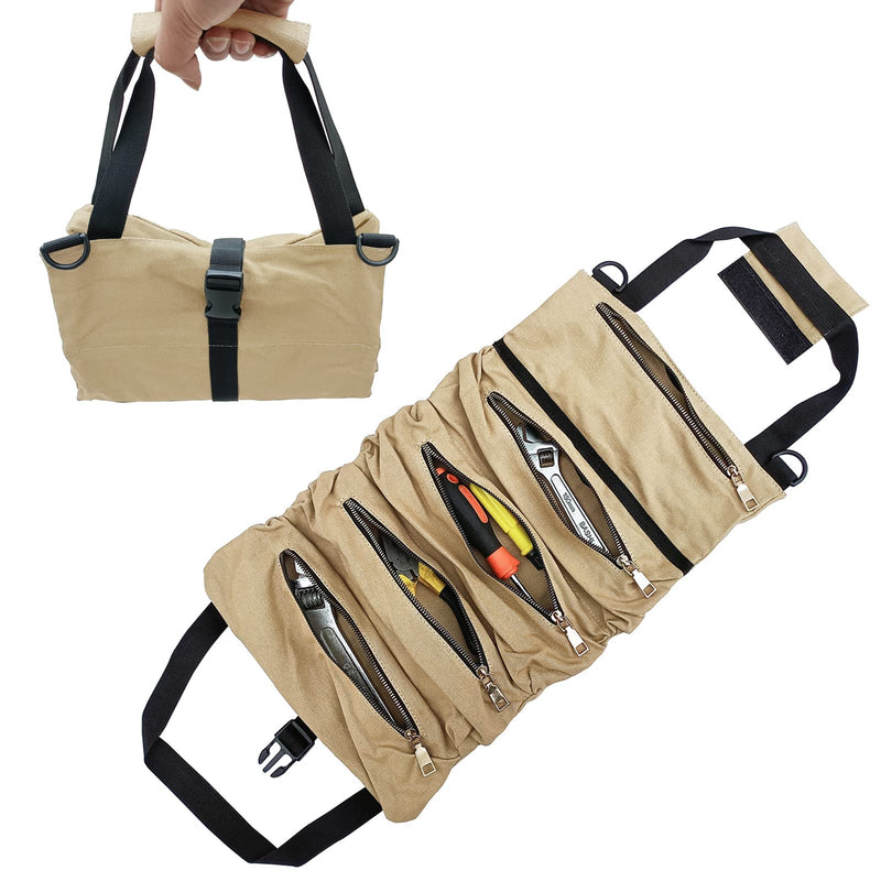 Roll Tool Canvas Bag , Wrench Roll Pouch,Car Hanging Tool Zipper Tote, First Aid Kit Wrap Roll Storage Case (Khaki) Khaki - NewNest Australia