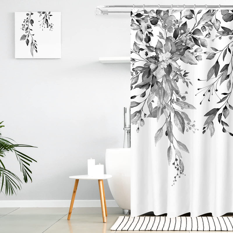 Tititex Black Eucalyptus Shower Curtain Sets, Watercolor Grey Leaves on The Top Plant with Floral Bathroom Decoration 36x72 Inch with Hooks Black Leaves - NewNest Australia