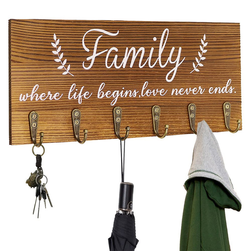 AHYS Rustic Wooden Wall Decor, Entryway Decor Sign with Key Hooks, Signs for Home Decor Wall for Living Room, Bedroom,Kitchen with 6 Metal Hooks - Brown - NewNest Australia