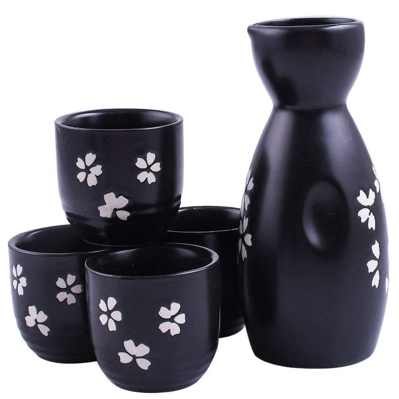 BOSILI Ceramic Japanese Sake Set 1 Sake Bottle and 4 Sake Cups 5 Pieces Black Cherry Blossom Style for Sake White Wine(Black) - NewNest Australia