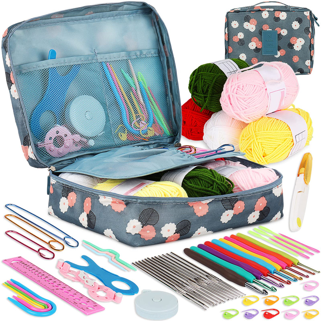 Coopay 58PCS Crochet Kit Beginners Crochet Set with Crochet Yarn, Portable Crochet Hook Set Crochet Hooks Ergonomic Soft Grip Lace Crochet Hooks Travel Crochet Hook Case Full Knitting Crochet Supplies Blue Flowers - NewNest Australia