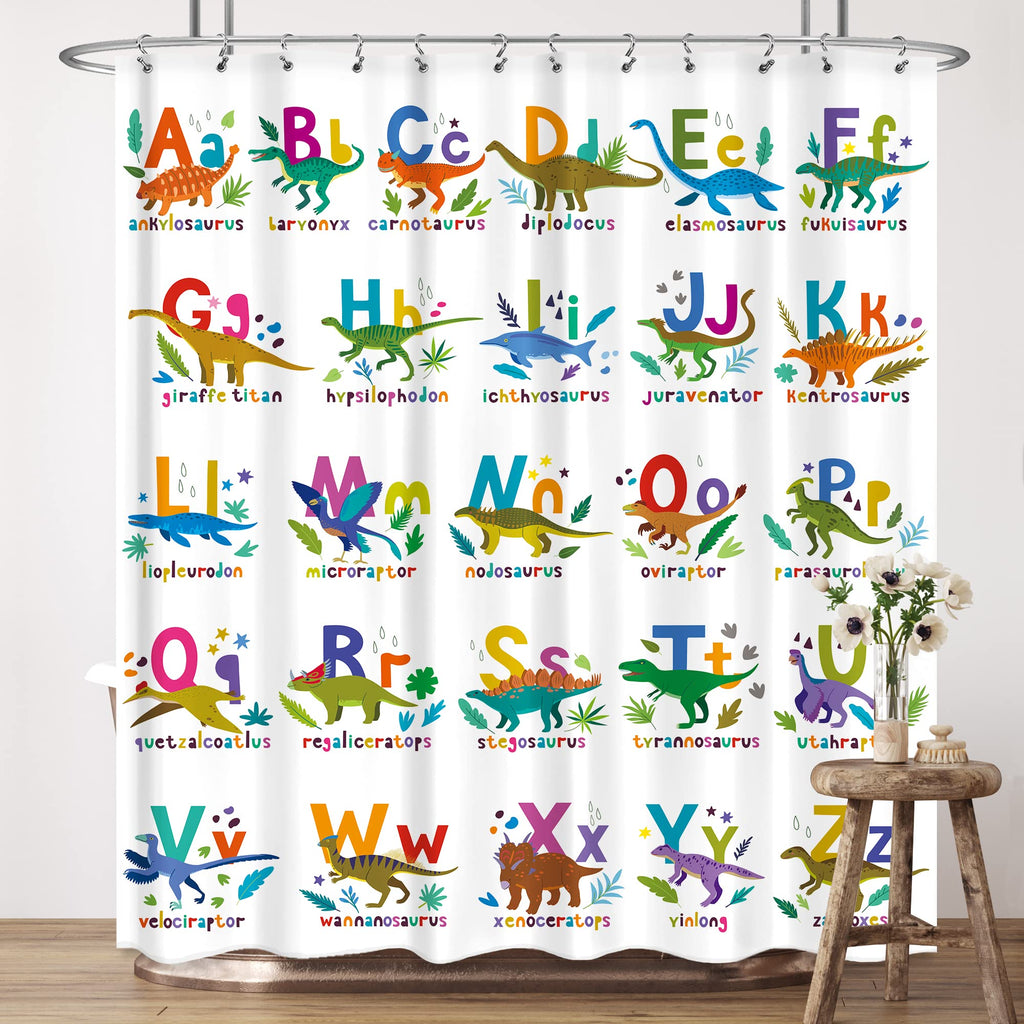 LIGHTINHOME Dinosaur Shower Curtain 60Wx72H Inches for Kids Cute Dino Educational ABC Alphabet Cartoon Animal Cloth Fabric Waterproof Polyester Bathroom Home Decor Set with 12 Pack Plastic Hooks Alphabet Dinosaur - NewNest Australia