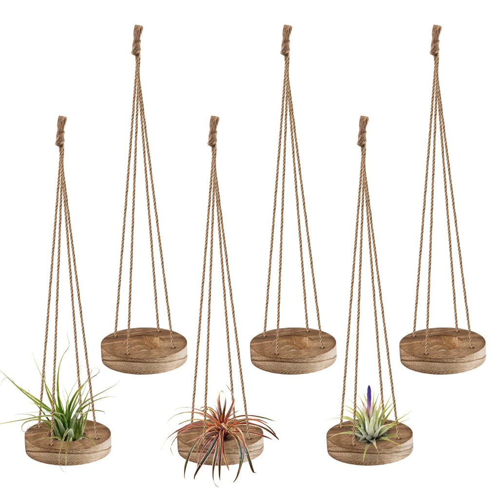 6 Pcs Hanging Wooden Air Plant Holder - 3" Round Wooden Air Plant Hanger with Jute Ropes, Rustic Air Plant Stand Tillandsia Succulent Display Container for Home Office Decor Housewarming Gift - NewNest Australia