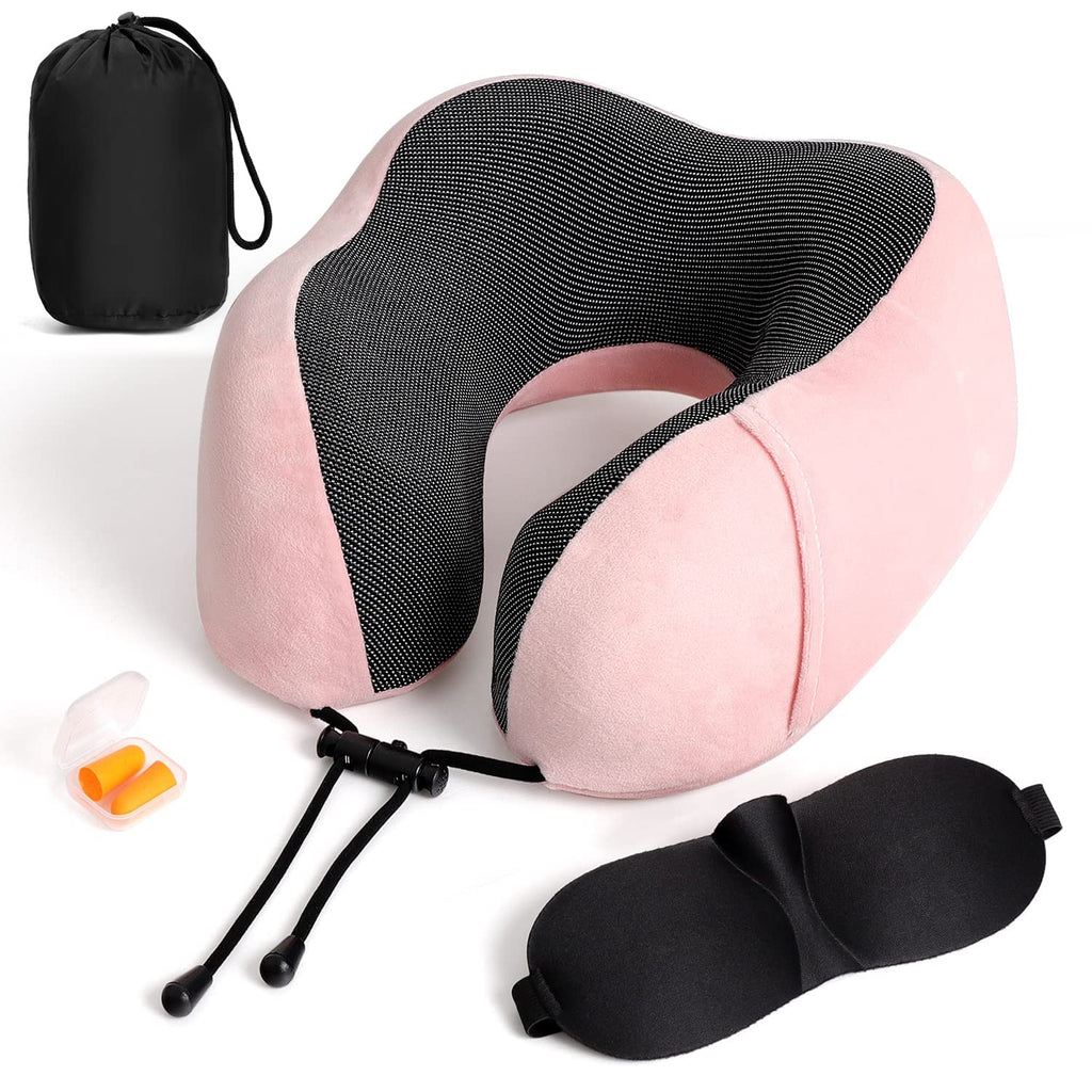 Travel Pillow 100% Pure Memory Foam Neck Pillow, Breathable & Machine Washable Cover, Neck Support Pillow with 3D Contoured Eye Mask, Earplugs & Portable Bag for Airplane Travel Pink - NewNest Australia