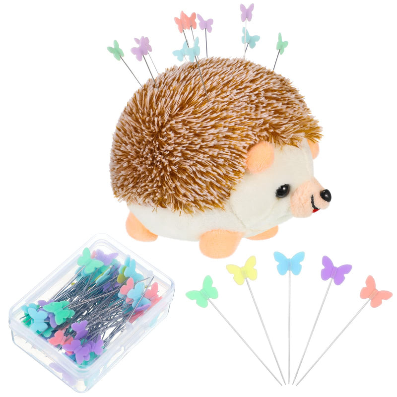 101 Pieces Hedgehog Pin Cushion Cute Large Pin Cushion Furry Straight Pins Cushion Butterfly Flat Head Sewing Pins DIY Crafts Sewing Set Needle Cushions Holder for DIY Jewelry Decor, Brown - NewNest Australia