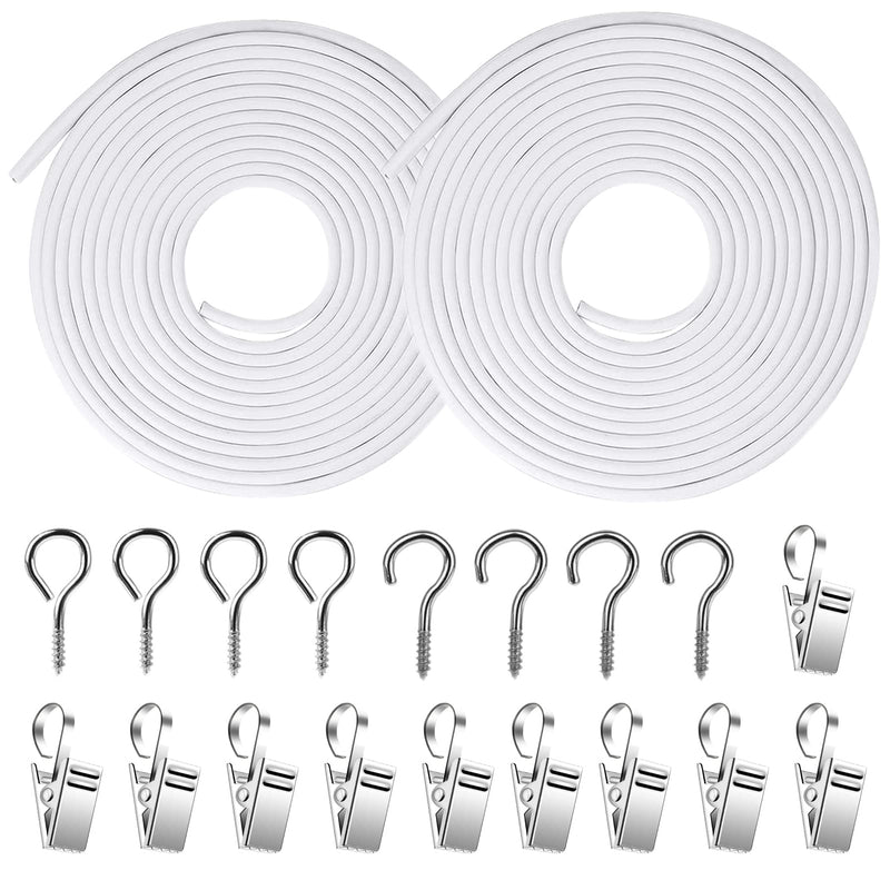 FAPUMOE 3-Meter White Curtain Cords (2-Pack) with Stainless Steel Curtain Clips, Plastic Coated Curtain Wire Window Treatment Cord Kits Curtain Hanging Wire with Screw Eyes and Hooks - NewNest Australia
