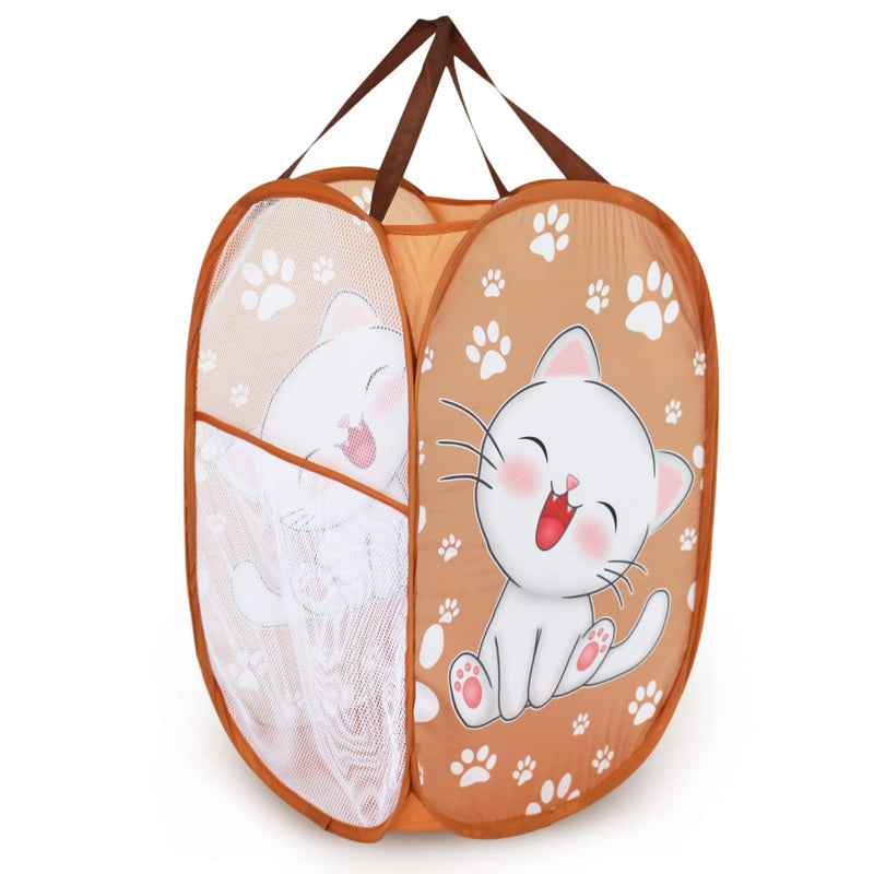 WEI LONG Cute Foldable Pop Up Hamper - Mesh Laundry Basket Durable Handles Toys Tidy Clothes Socks Storage Bag (Khaki Cat Paw) 01 Khaki Cat Paw - NewNest Australia