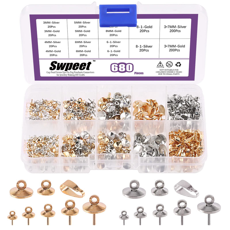 Swpeet 680Pcs Gold and Sliver 3mm 4mm 5mm 6mm 8mm Cup Pearl Screw Eye Pin Bail Peg Pendants with 7mm Pendant Charm Clasps Connector Kit, Perfect for Half-drilled Beads Jewelry Making - NewNest Australia